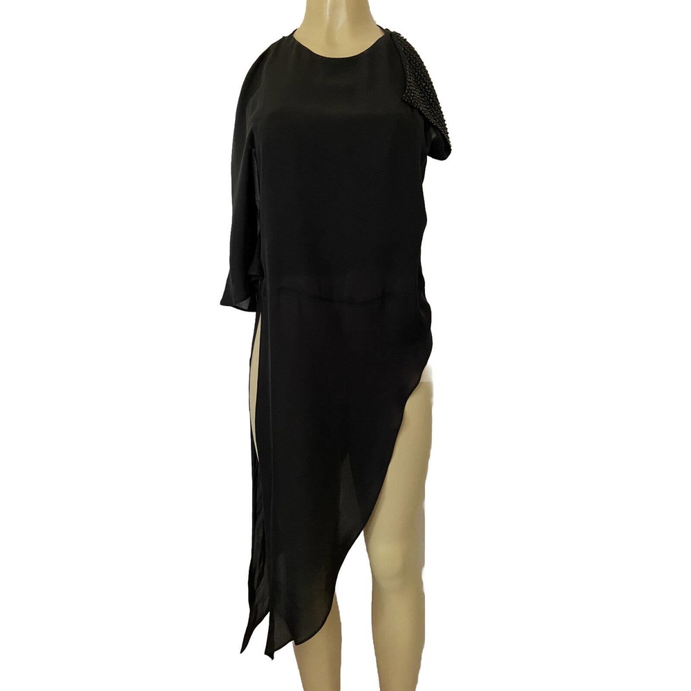Halston Heritage Silk Asymmetrical Drape Top Tied On Side Black Crew Nec…